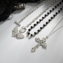 Gothic 3pcs Cross Skull Butterfly Pendant Crystal Chain Necklace Set - ArtGalleryZen