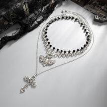 Gothic 3pcs Cross Skull Butterfly Pendant Crystal Chain Necklace Set - ArtGalleryZen