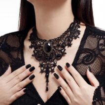 Gothic Baroque Crystal Inlaid Cross Charm Lace Choker Necklace - ArtGalleryZen