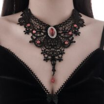 Gothic Crystal Inlaid Cross Charm Floral Lace Choker Necklace - ArtGalleryZen
