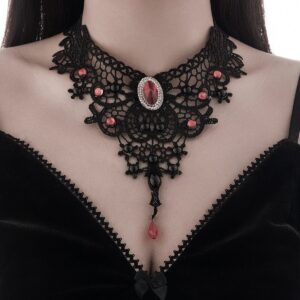 Gothic Crystal Inlaid Cross Charm Floral Lace Choker Necklace - ArtGalleryZen