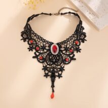 Gothic Crystal Inlaid Cross Charm Floral Lace Choker Necklace - ArtGalleryZen