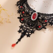 Gothic Crystal Inlaid Cross Charm Floral Lace Choker Necklace - ArtGalleryZen