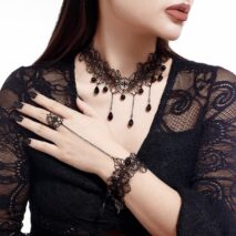Gothic Crystal Tassel Floral Lace Finger Ring Bracelet Necklace Set - ArtGalleryZen