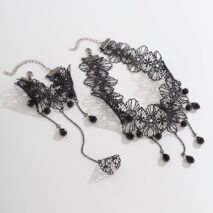 Gothic Crystal Tassel Floral Lace Finger Ring Bracelet Necklace Set - ArtGalleryZen
