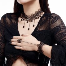 Gothic Crystal Tassel Floral Lace Finger Ring Bracelet Necklace Set - ArtGalleryZen