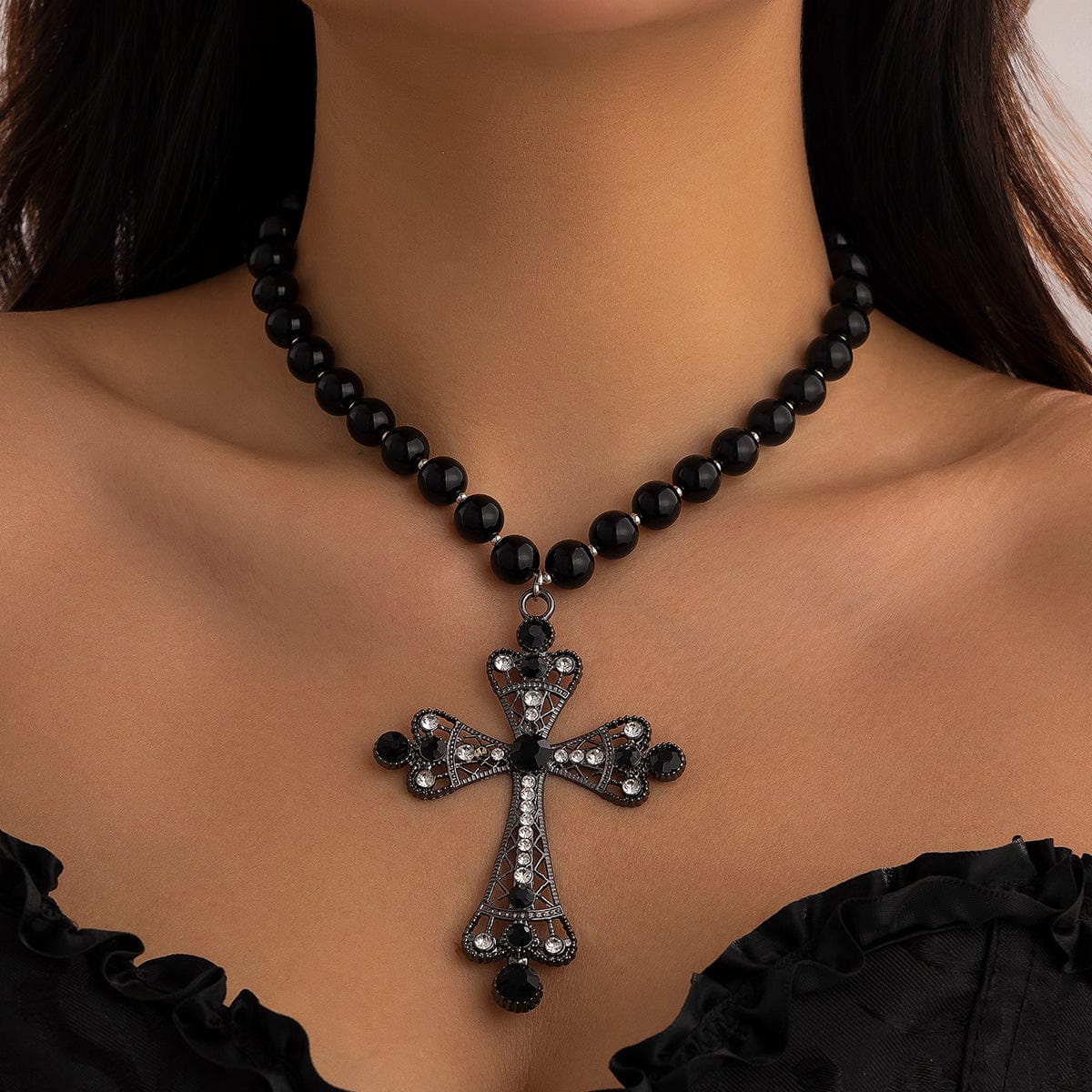 Gothic CZ Inlaid Cross Pendant Ball Chain Choker Necklace - ArtGalleryZen