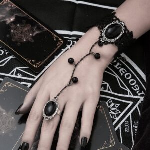 Gothic Dainty Crystal Inlaid Floral Lace Finger Ring Bracelet - ArtGalleryZen