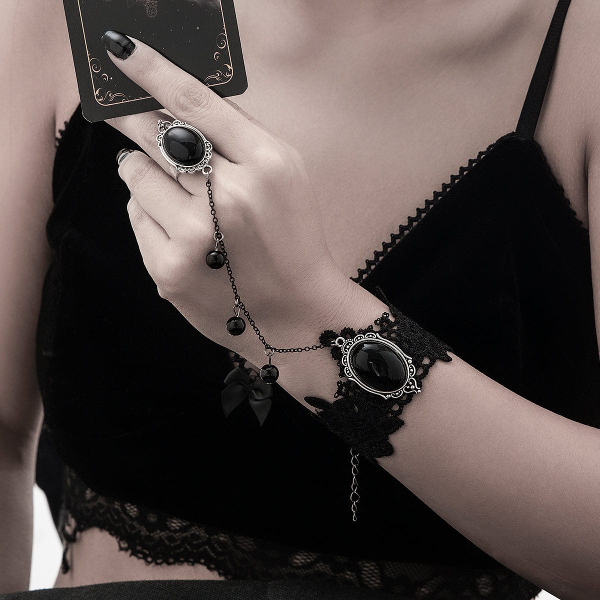 Gothic Dainty Crystal Inlaid Floral Lace Finger Ring Bracelet - ArtGalleryZen