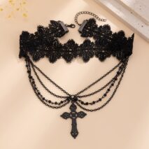 Gothic Layered Cross Pendant Floral Lace Choker Necklace - ArtGalleryZen