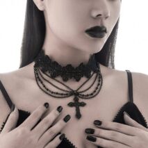 Gothic Layered Cross Pendant Floral Lace Choker Necklace - ArtGalleryZen