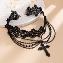 Gothic Layered Cross Pendant Floral Lace Choker Necklace - ArtGalleryZen
