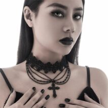 Gothic Layered Cross Pendant Floral Lace Choker Necklace - ArtGalleryZen