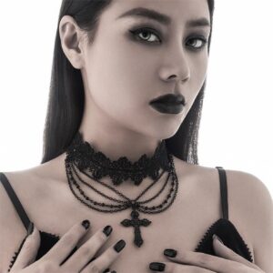 Gothic Layered Cross Pendant Floral Lace Choker Necklace - ArtGalleryZen