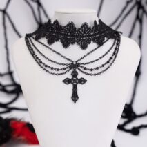 Gothic Layered Cross Pendant Floral Lace Choker Necklace - ArtGalleryZen