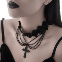 Gothic Layered Cross Pendant Floral Lace Choker Necklace - ArtGalleryZen