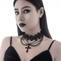 Gothic Layered Cross Pendant Floral Lace Choker Necklace - ArtGalleryZen