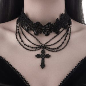 Gothic Layered Cross Pendant Floral Lace Choker Necklace - ArtGalleryZen