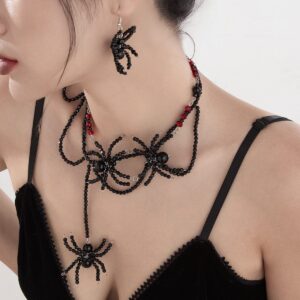 Gothic Layered Crystal Beaded Spider Necklace Earrings - ArtGalleryZen