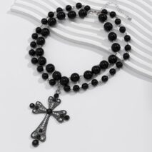 Gothic Layered Crystal Inlay Cross Pendant Pearl Chain Choker Necklace - ArtGalleryZen