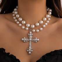 Gothic Layered Crystal Inlay Cross Pendant Pearl Chain Choker Necklace - ArtGalleryZen
