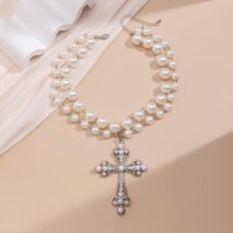 Gothic Layered Crystal Inlay Cross Pendant Pearl Chain Choker Necklace - ArtGalleryZen