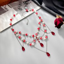 Gothic Layered Crystal Tassel Dripping Blood Pearl Chain Choker Necklace - ArtGalleryZen