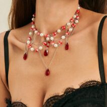 Gothic Layered Crystal Tassel Dripping Blood Pearl Chain Choker Necklace - ArtGalleryZen