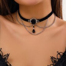 Gothic Layered Rose Rhinestone Pendant Choker Necklace - ArtGalleryZen