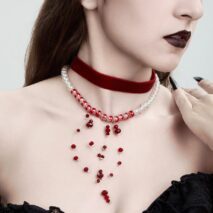 Halloween 2Pcs Blood Drop Crystal Tassel Pearl Chain Velvet Choker Necklace Set - ArtGalleryZen