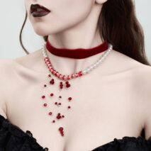 Halloween 2Pcs Blood Drop Crystal Tassel Pearl Chain Velvet Choker Necklace Set - ArtGalleryZen