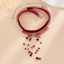 Halloween 2Pcs Blood Drop Crystal Tassel Pearl Chain Velvet Choker Necklace Set - ArtGalleryZen