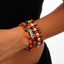 Halloween 5Pcs Pumpkin Charm Pearl Letter Clay Chain Bracelet Set - ArtGalleryZen