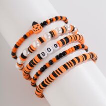 Halloween 5Pcs Pumpkin Charm Pearl Letter Clay Chain Bracelet Set - ArtGalleryZen