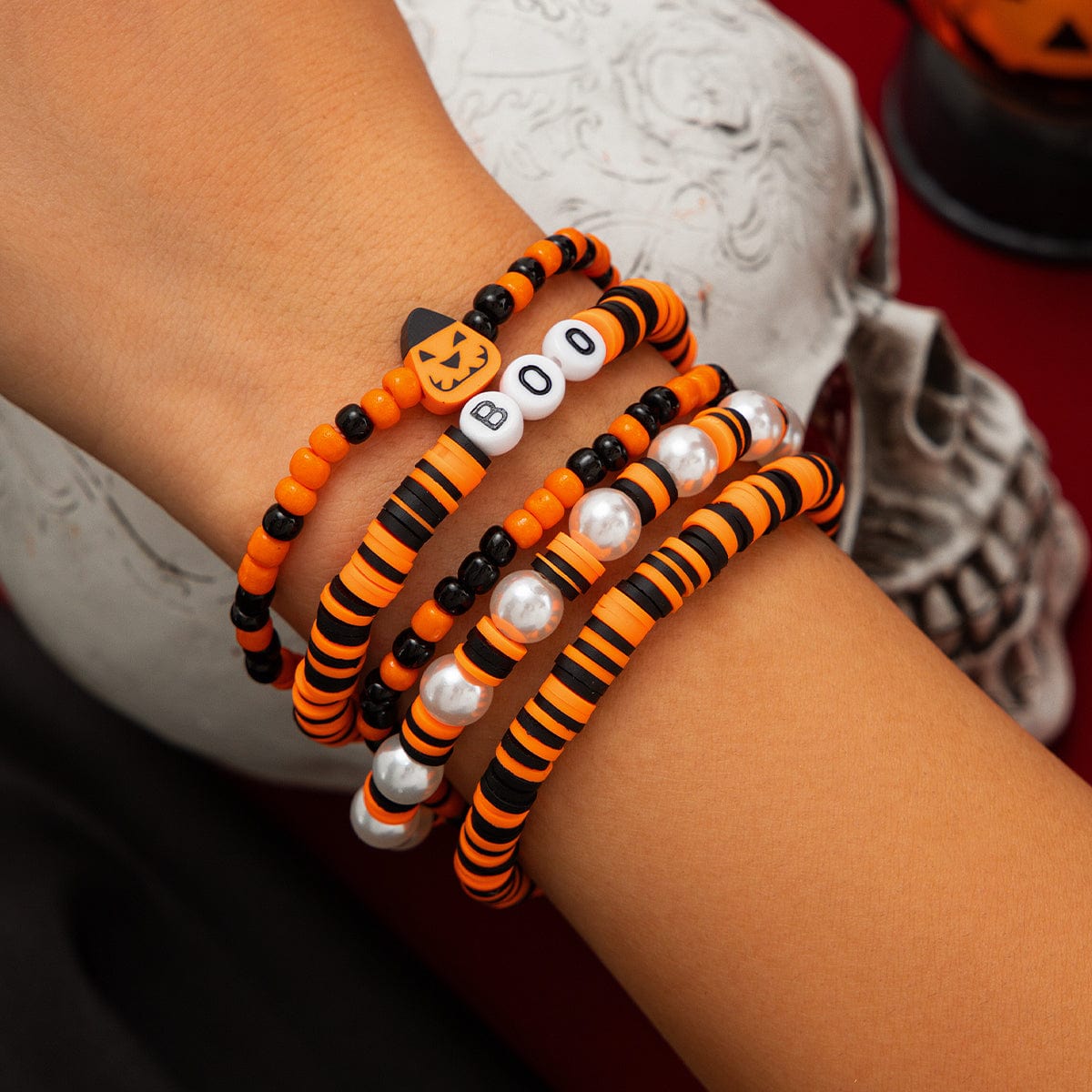 Halloween 5Pcs Pumpkin Charm Pearl Letter Clay Chain Bracelet Set - ArtGalleryZen