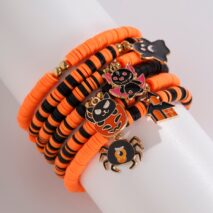 Halloween Theme Layered Ghost Spider Pumpkin Kitten Charm Strench Bracelet Set - ArtGalleryZen
