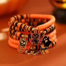 Halloween Theme Layered Ghost Spider Pumpkin Kitten Charm Strench Bracelet Set - ArtGalleryZen