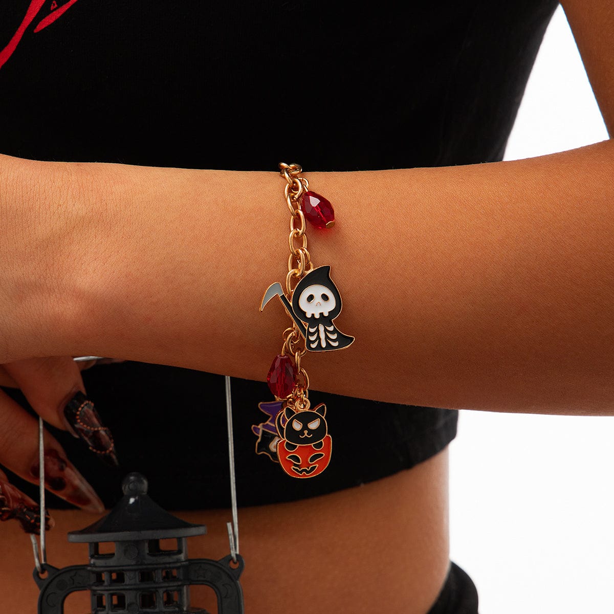 Halloween Theme Pumpkin Ghost Skeleton Charm Crystal Tassel Bracelet - ArtGalleryZen