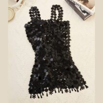Handmade Black White Sequins Tassel Patchwork Nightclub Party Strappy Dress - ArtGalleryZen