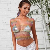 Handmade Bling Rhinestone Fishnet See Through Mesh Halter Top - ArtGalleryZen