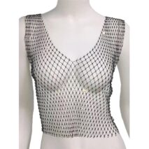 Handmade Bling Rhinestone Fishnet See Through Mesh Halter Top - ArtGalleryZen