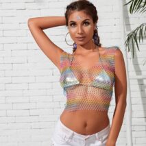 Handmade Bling Rhinestone Fishnet See Through Mesh Halter Top - ArtGalleryZen