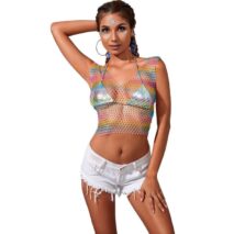 Handmade Bling Rhinestone Fishnet See Through Mesh Halter Top - ArtGalleryZen