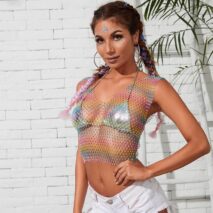 Handmade Bling Rhinestone Fishnet See Through Mesh Halter Top - ArtGalleryZen