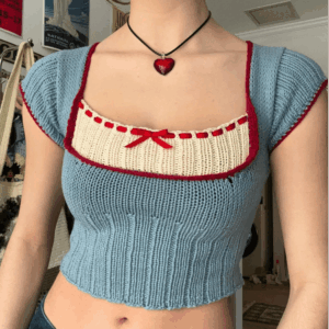 Handmade Crochet Mohair Blue Short Sleeve Sweater - ArtGalleryZen