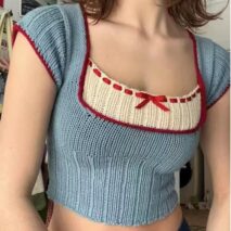 Handmade Crochet Mohair Blue Short Sleeve Sweater - ArtGalleryZen