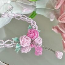 Handmade Crystal Beaded Rose Petal Tassel Y Choker Necklace - ArtGalleryZen