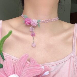 Handmade Crystal Beaded Rose Petal Tassel Y Choker Necklace - ArtGalleryZen