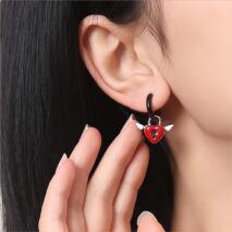 Handmade Enamel Angel Wings Heart Lock Huggie Hoop Earrings - ArtGalleryZen