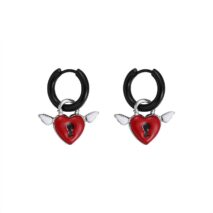 Handmade Enamel Angel Wings Heart Lock Huggie Hoop Earrings - ArtGalleryZen